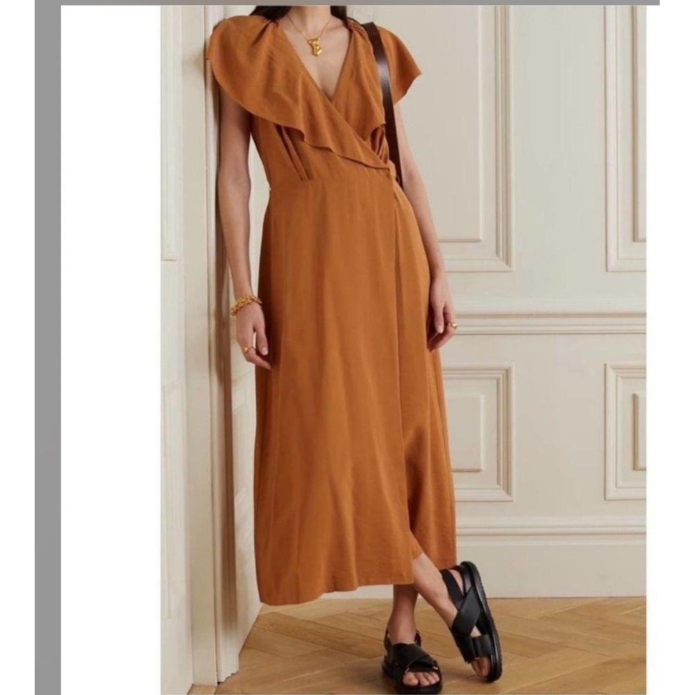 Vince Wrap Maxi Dress Rust Orange Ruffle Neck Sleeveless L